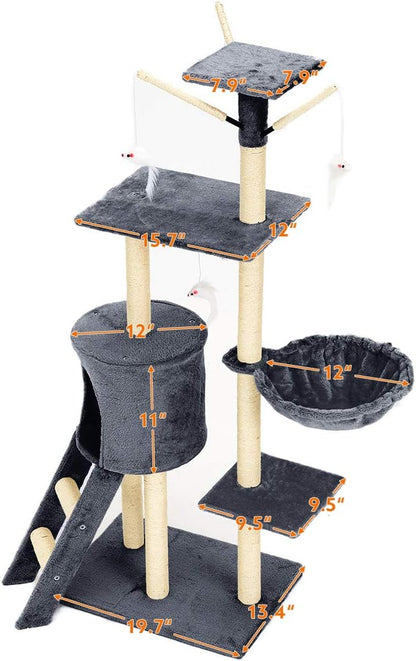 Cat Tree Cat Tower for Indoor Cats Clearance, 56" Multi-Level Cat Condo with Cat Scratching Post, Cat Toys, Basket Lounger, and Ladder, Cat Furniture Activity Center for Kitty House Play