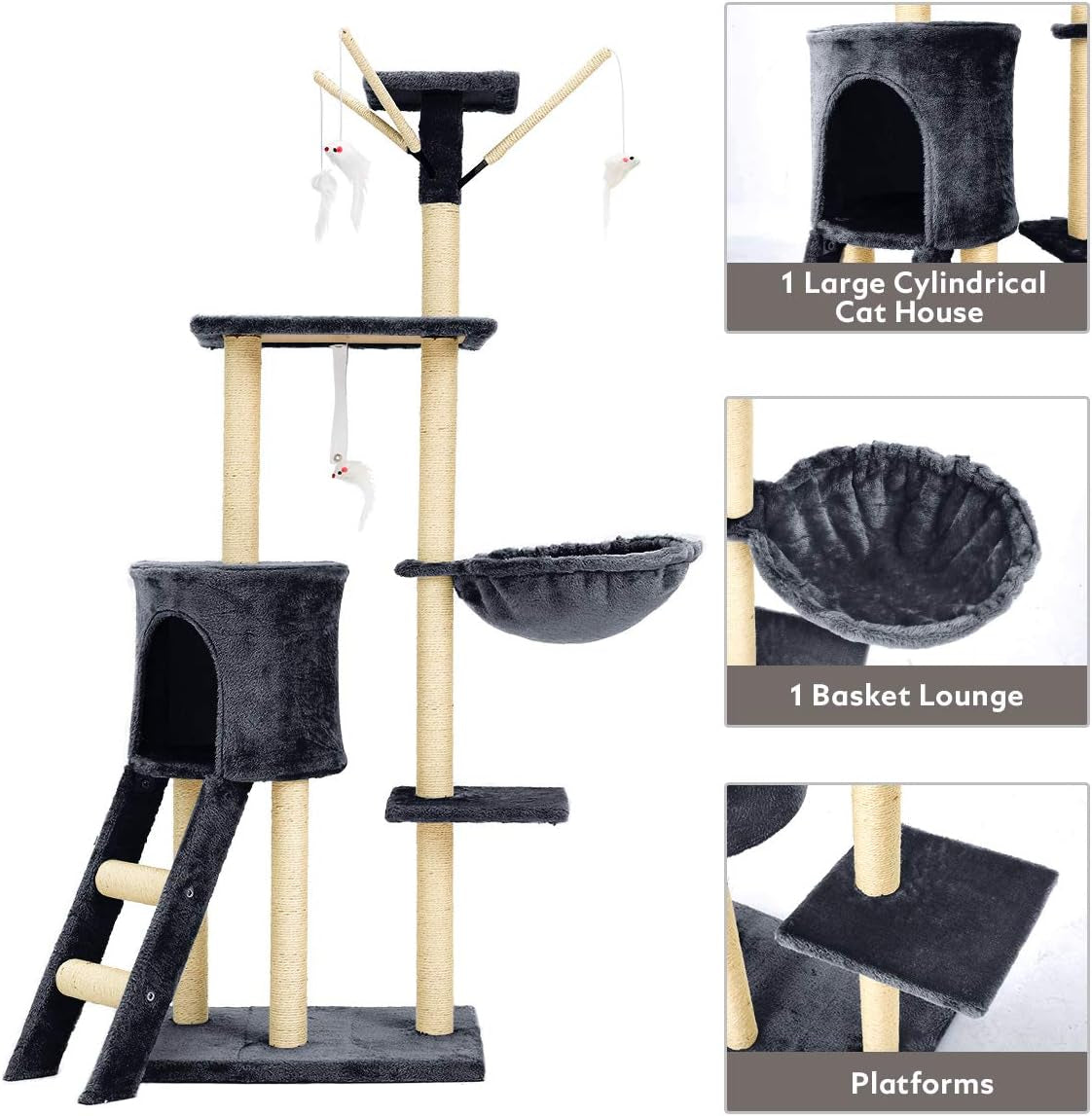 Cat Tree Cat Tower for Indoor Cats Clearance, 56" Multi-Level Cat Condo with Cat Scratching Post, Cat Toys, Basket Lounger, and Ladder, Cat Furniture Activity Center for Kitty House Play