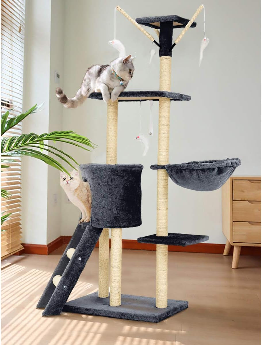 Cat Tree Cat Tower for Indoor Cats Clearance, 56" Multi-Level Cat Condo with Cat Scratching Post, Cat Toys, Basket Lounger, and Ladder, Cat Furniture Activity Center for Kitty House Play