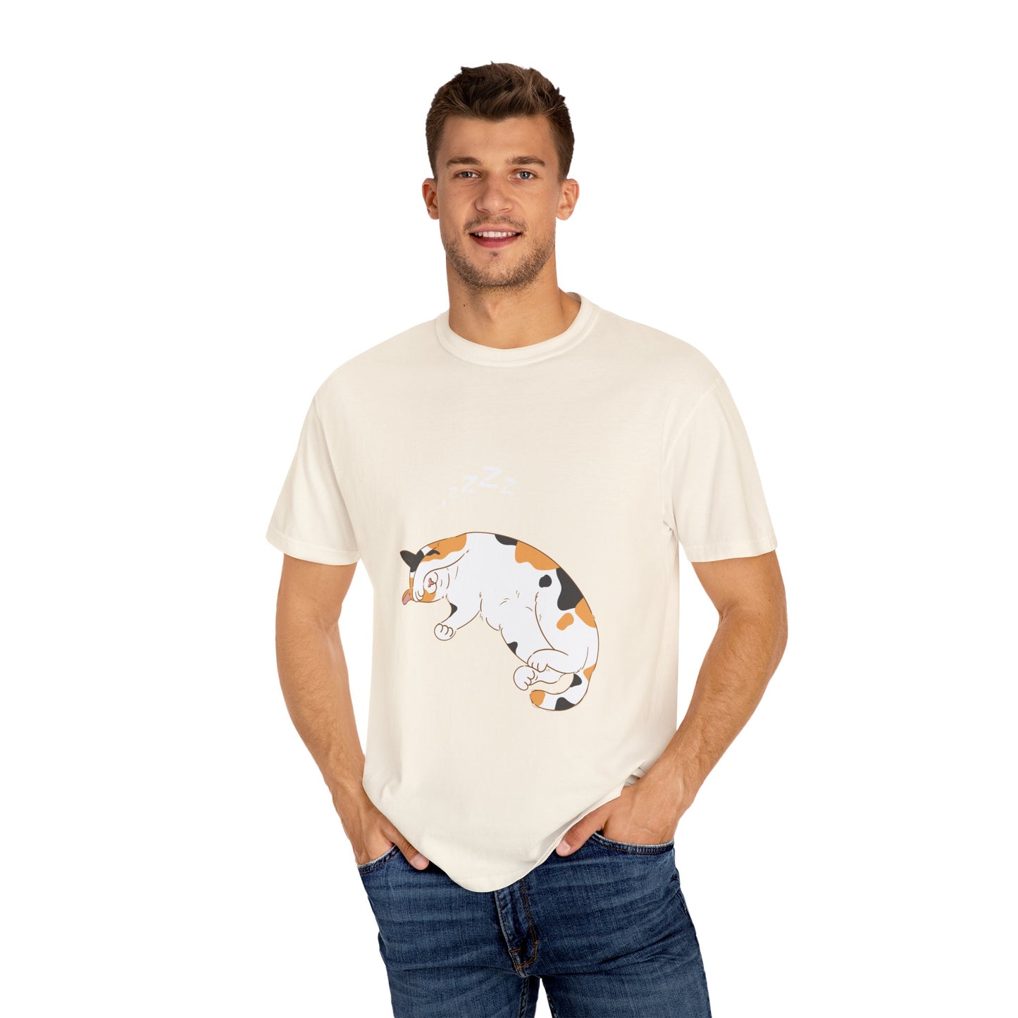 "Dreamy Days: Sleepy Cat Unisex Garment-Dyed T-shirt - Lounge in Feline Comfort and Style!"