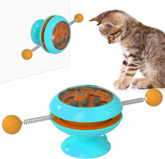 Interactive Rotary Cat Toy, Spinning Top Cat Toy Turntable with 3 Catnip 2 Spring Balls, Windmill Cat Toys for Indoor Cats Interactive (Blue)