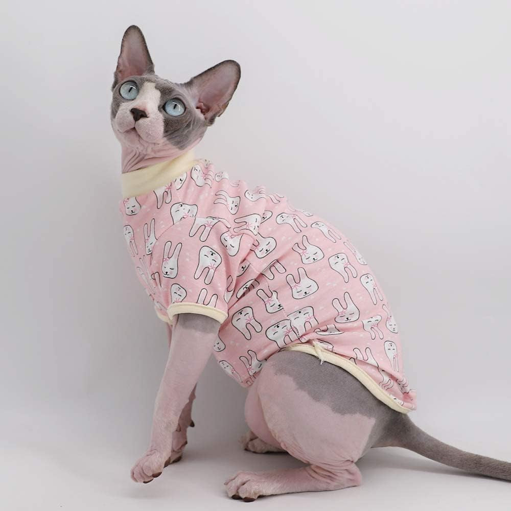 Sphynx Cat Clothes Breathable Summer Cotton T-Shirts for Cat Pajamas for Cats and Small Dogs Apparel, Hairless Cat T-Shirts (Small (Pack of 1), Bunny)