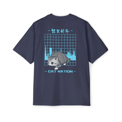 "Feline Fashion Forward: Men's Heavy Oversized Tee with CAP Cat Design - Perfect for Cat Lovers with Style!"