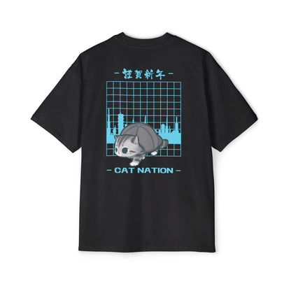 "Feline Fashion Forward: Men's Heavy Oversized Tee with CAP Cat Design - Perfect for Cat Lovers with Style!"