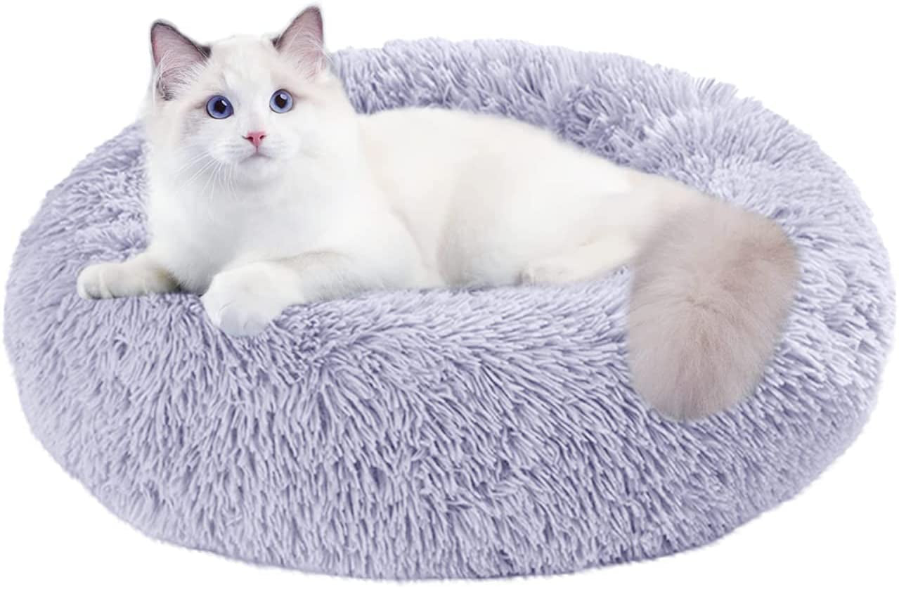 Cat Beds for Indoor Cats, 24 Inch round Donut Washable Cat Bed, Fluffy Calming Self Warming Soft Donut Cuddler Cushion Pet Bed for Dogs and Kittens,Non-Slip