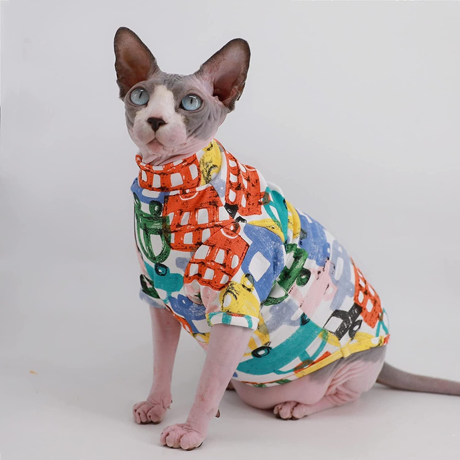 Sphynx Cat Clothes Breathable Summer Cotton T-Shirts for Cat Pajamas for Cats and Small Dogs Apparel, Hairless Cat T-Shirts (X-Large (Pack of 1), Color Car)