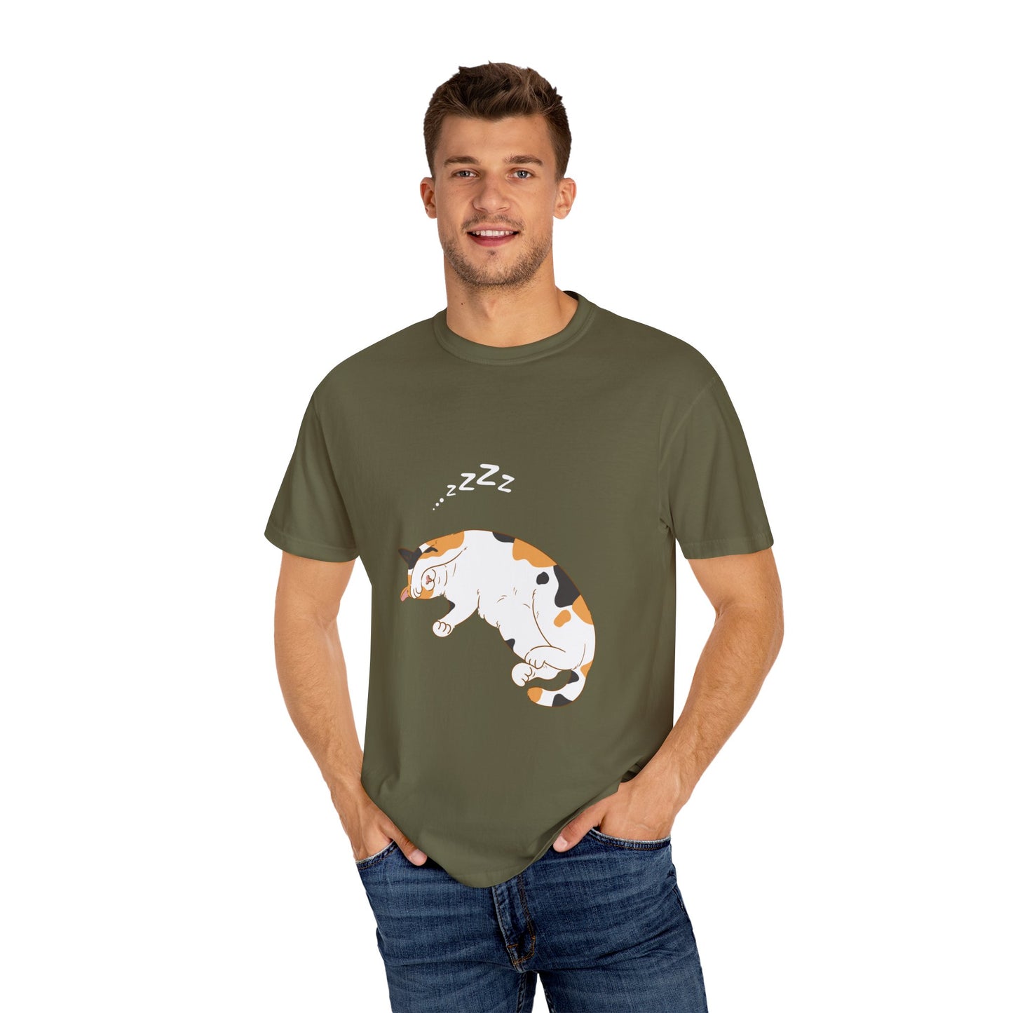 "Dreamy Days: Sleepy Cat Unisex Garment-Dyed T-shirt - Lounge in Feline Comfort and Style!"