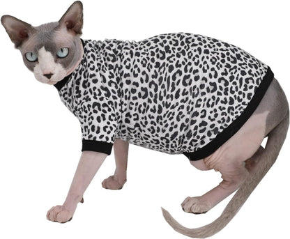 Sphynx Hairless Cats Shirt Elastic Leopard Cat Clothes, Pullover Sphinx Kitten T-Shirts with Sleeves, Breathable Cat Wear Turtleneck Sweater, Hairless Cat Vest Pajamas