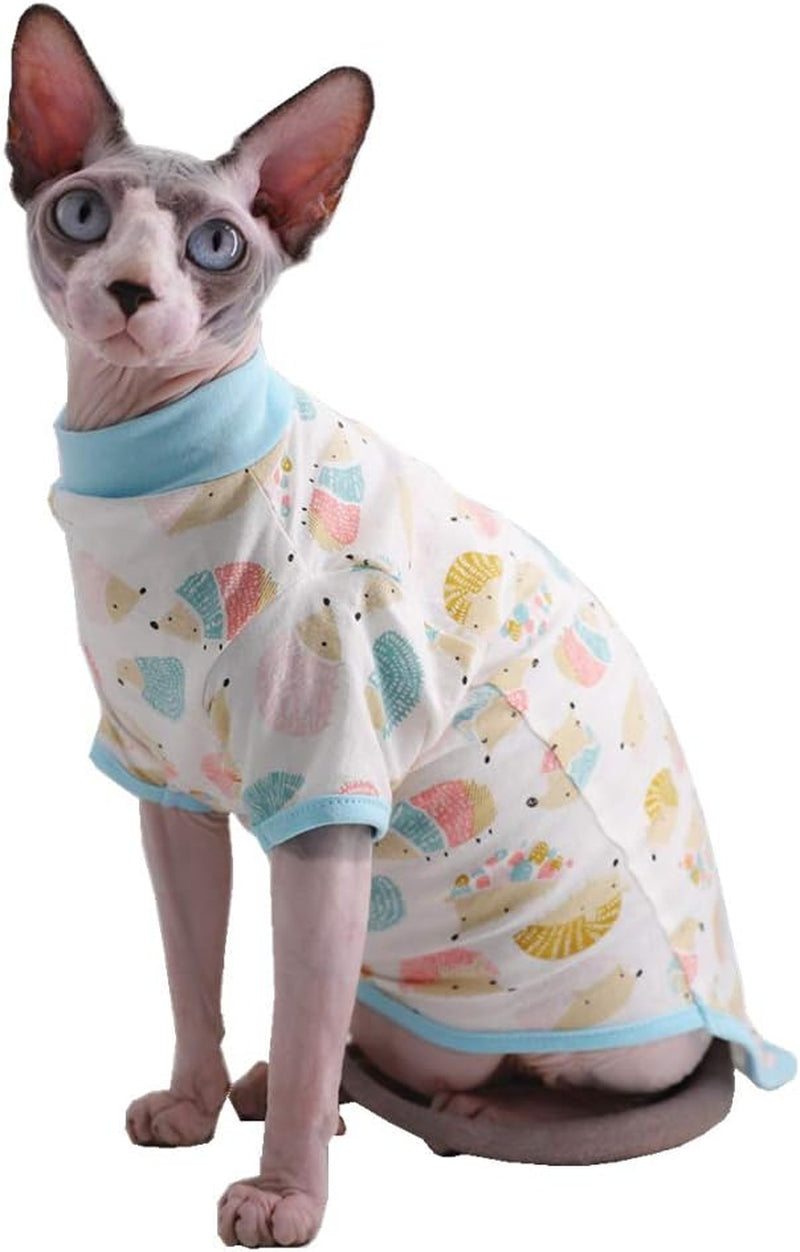 Sphynx Cat Clothes Breathable Summer Cotton T-Shirts for Cat Pajamas for Cats and Small Dogs Apparel, Hairless Cat T-Shirts (Medium (Pack of 1), Hedgehog)