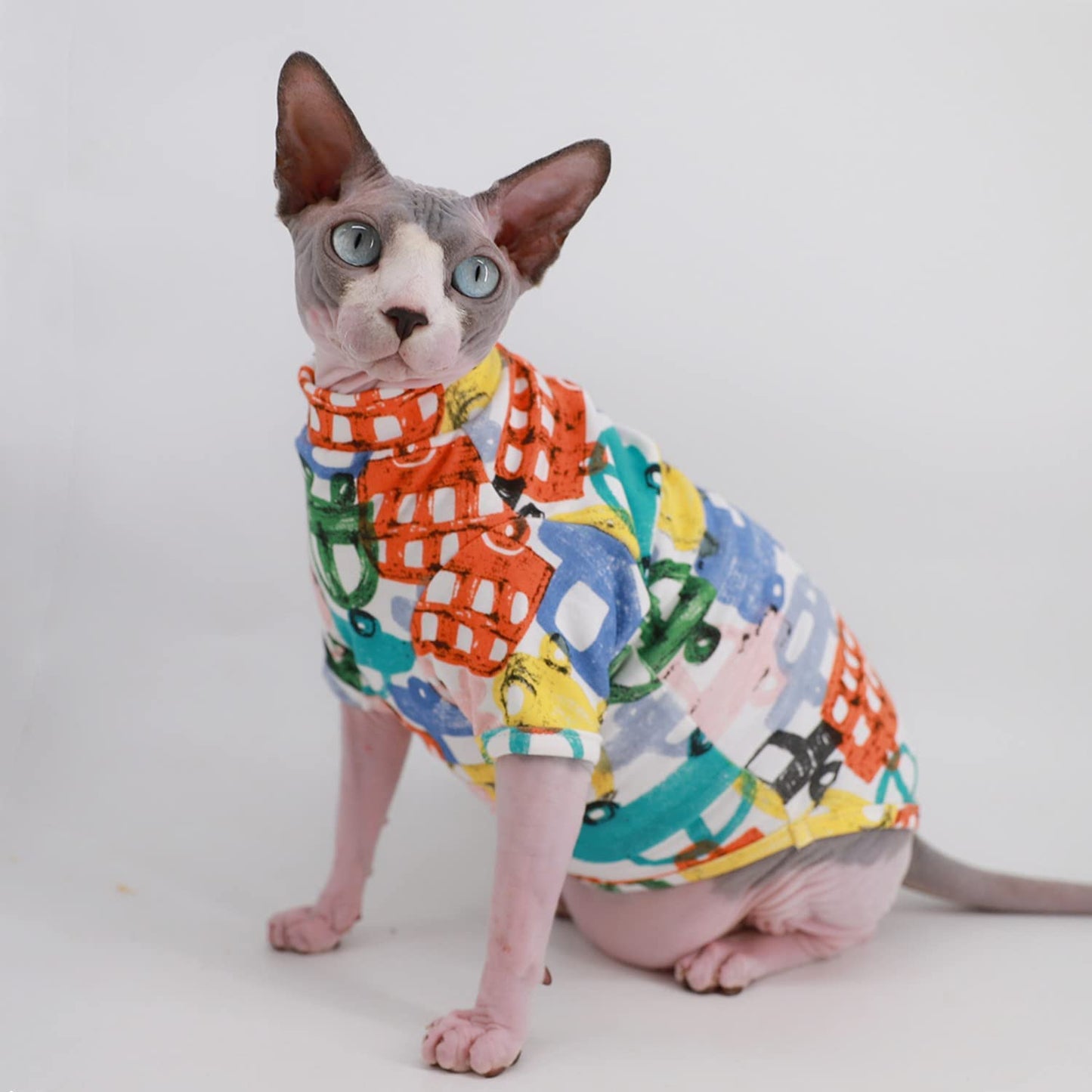 Sphynx Cat Clothes Breathable Summer Cotton T-Shirts for Cat Pajamas for Cats and Small Dogs Apparel, Hairless Cat T-Shirts (X-Large (Pack of 1), Color Car)