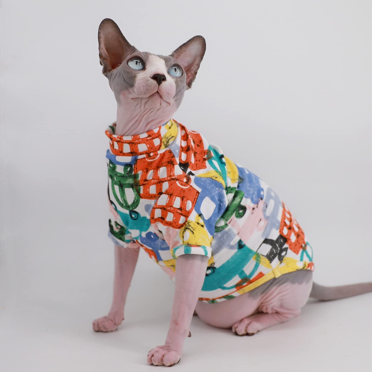 Sphynx Cat Clothes Breathable Summer Cotton T-Shirts for Cat Pajamas for Cats and Small Dogs Apparel, Hairless Cat T-Shirts (X-Large (Pack of 1), Color Car)