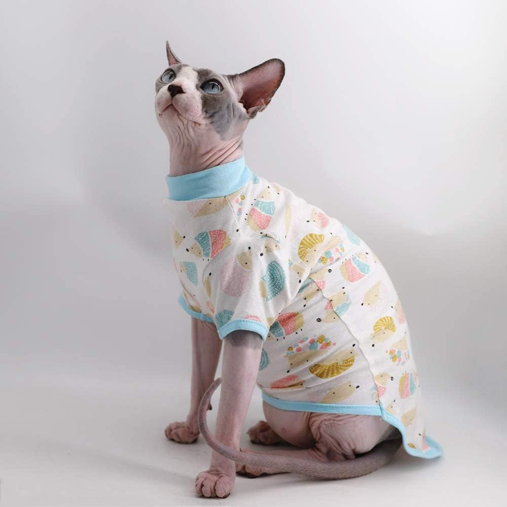 Sphynx Cat Clothes Breathable Summer Cotton T-Shirts for Cat Pajamas for Cats and Small Dogs Apparel, Hairless Cat T-Shirts (Medium (Pack of 1), Hedgehog)