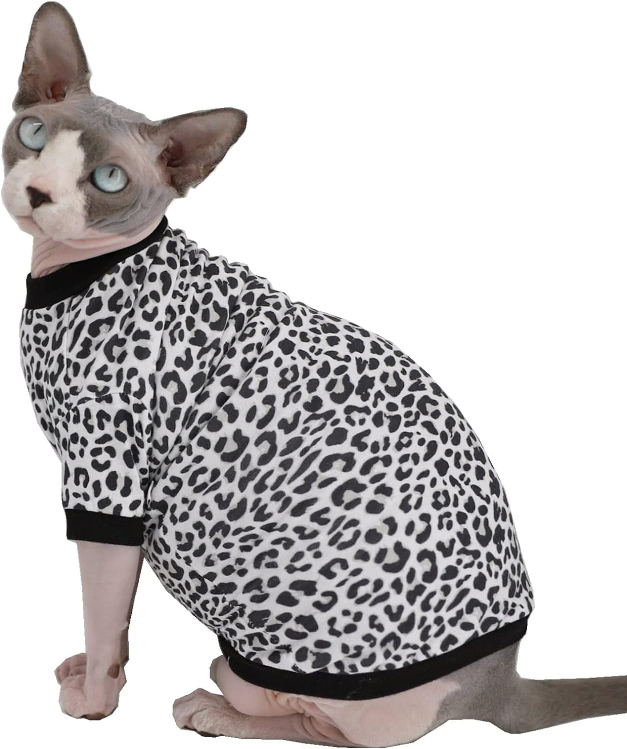 Sphynx Hairless Cats Shirt Elastic Leopard Cat Clothes, Pullover Sphinx Kitten T-Shirts with Sleeves, Breathable Cat Wear Turtleneck Sweater, Hairless Cat Vest Pajamas