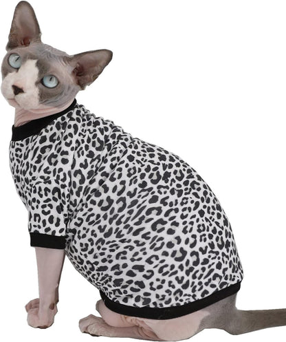 Sphynx Hairless Cats Shirt Elastic Leopard Cat Clothes, Pullover Sphinx Kitten T-Shirts with Sleeves, Breathable Cat Wear Turtleneck Sweater, Hairless Cat Vest Pajamas