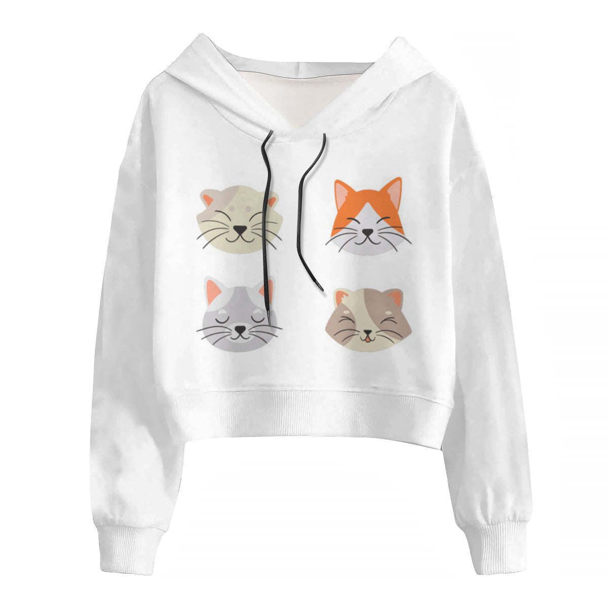 "White Cropped Hoodie with Cat Design: Embrace Feline Chic in Style and Comfort!"