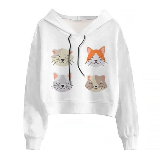 "White Cropped Hoodie with Cat Design: Embrace Feline Chic in Style and Comfort!"