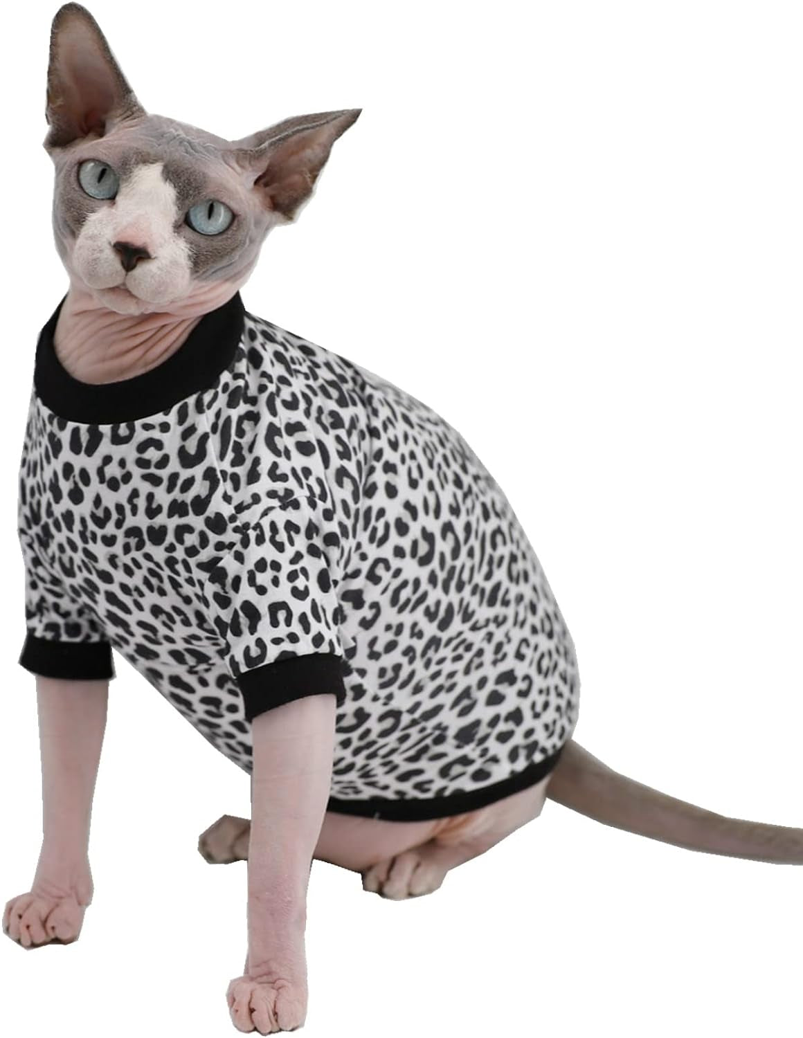 Sphynx Hairless Cats Shirt Elastic Leopard Cat Clothes, Pullover Sphinx Kitten T-Shirts with Sleeves, Breathable Cat Wear Turtleneck Sweater, Hairless Cat Vest Pajamas