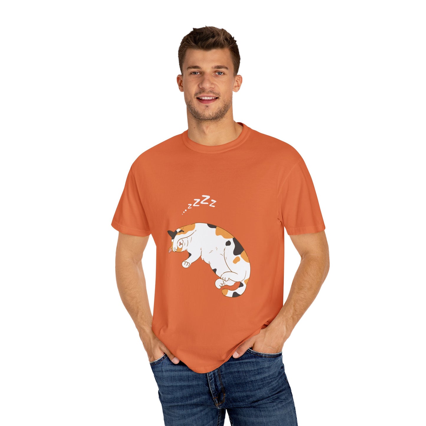 "Dreamy Days: Sleepy Cat Unisex Garment-Dyed T-shirt - Lounge in Feline Comfort and Style!"