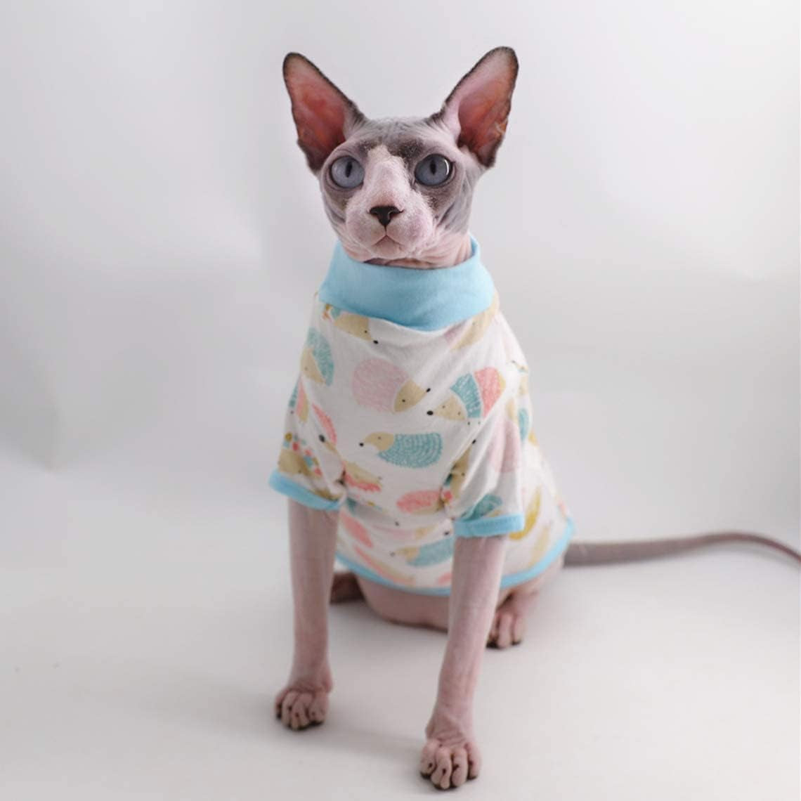 Sphynx Cat Clothes Breathable Summer Cotton T-Shirts for Cat Pajamas for Cats and Small Dogs Apparel, Hairless Cat T-Shirts (Medium (Pack of 1), Hedgehog)