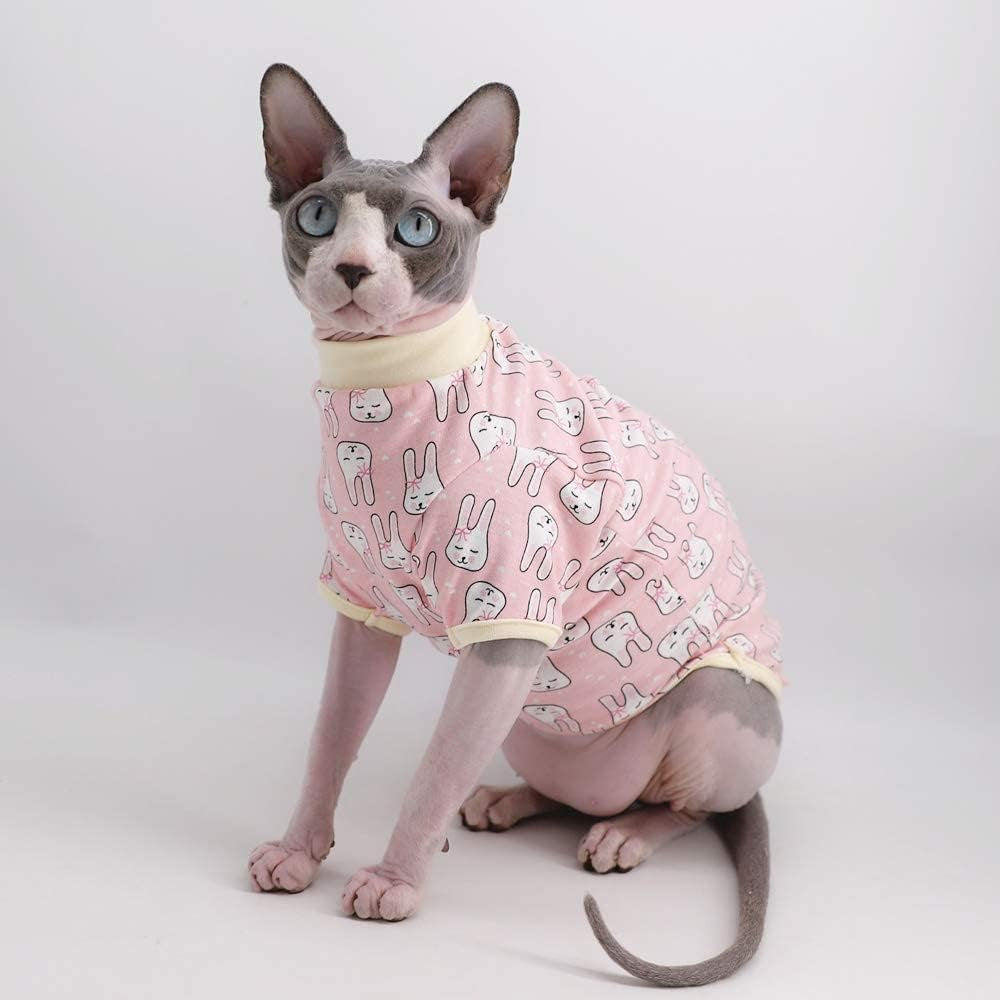 Sphynx Cat Clothes Breathable Summer Cotton T-Shirts for Cat Pajamas for Cats and Small Dogs Apparel, Hairless Cat T-Shirts (Small (Pack of 1), Bunny)