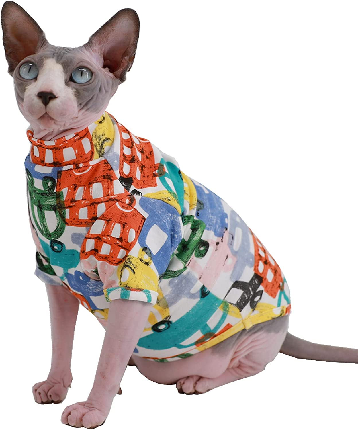 Sphynx Cat Clothes Breathable Summer Cotton T-Shirts for Cat Pajamas for Cats and Small Dogs Apparel, Hairless Cat T-Shirts (X-Large (Pack of 1), Color Car)