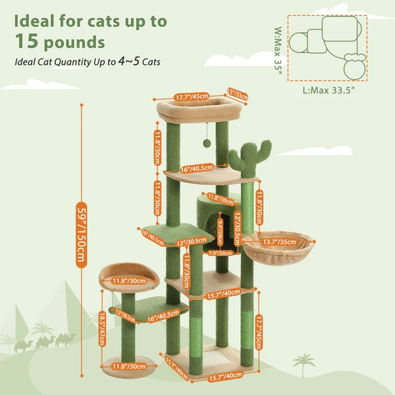 Multi-Level Cactus Cat Tree with Condo Hammock Scratching Post for Kitten Bed Cat Scrapers Large Cat Tower Cat Toys Cat Supplies