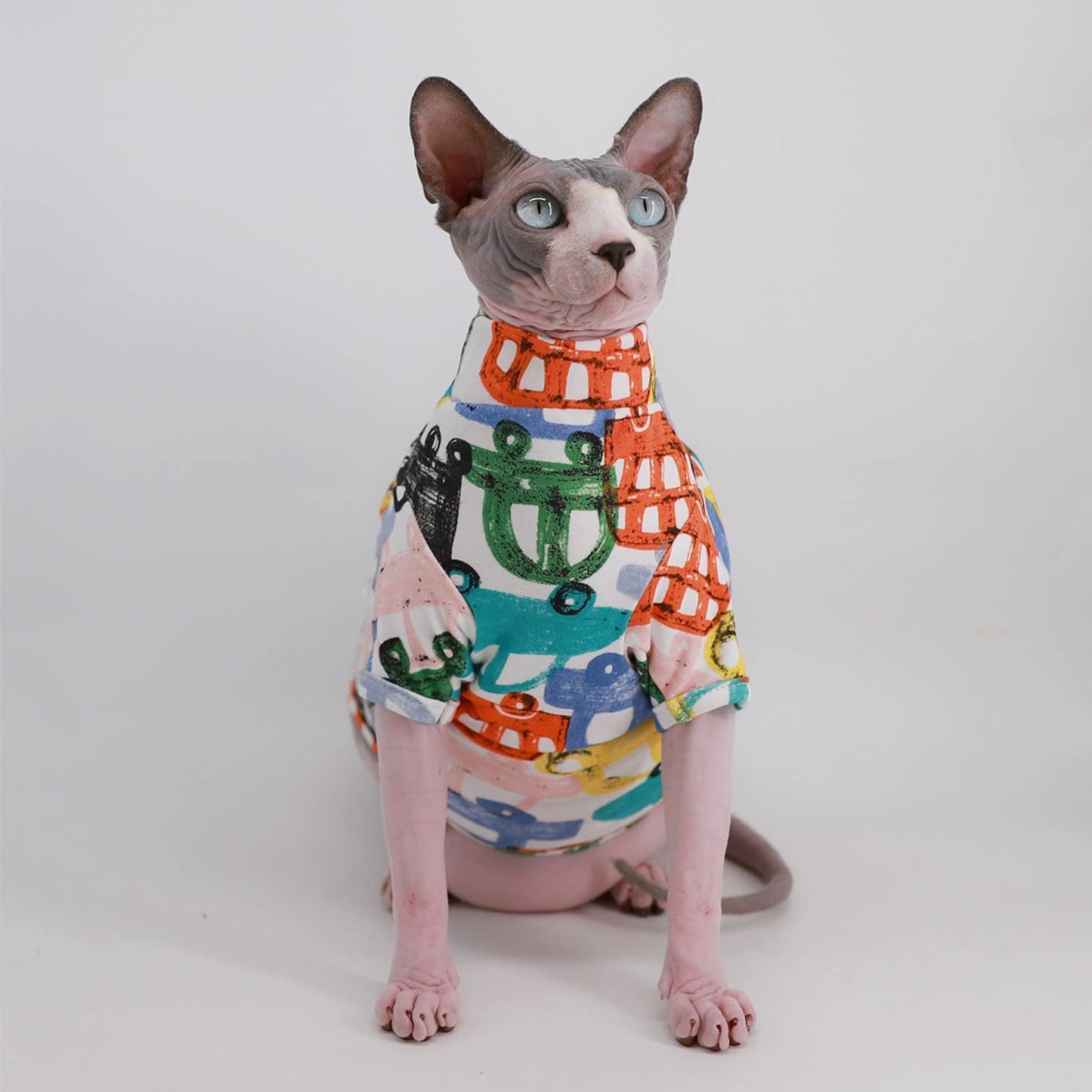 Sphynx Cat Clothes Breathable Summer Cotton T-Shirts for Cat Pajamas for Cats and Small Dogs Apparel, Hairless Cat T-Shirts (X-Large (Pack of 1), Color Car)