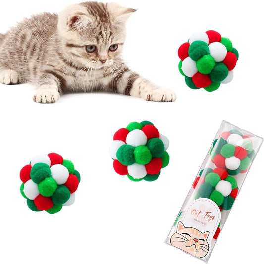 3PCS Cat Pom Pom Balls Cat Toys for Indoor Cats Balls Pompom Balls Cat Interactive Ball with Bells (Green)