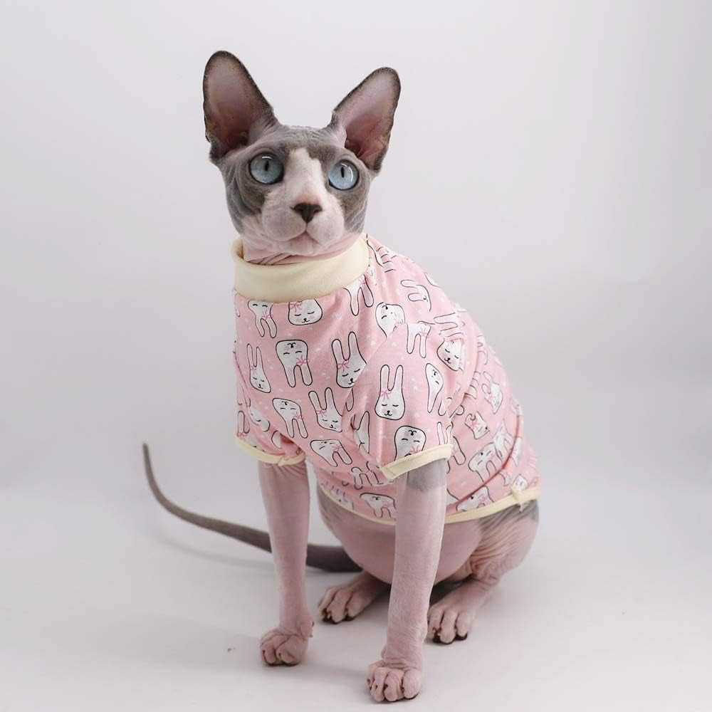 Sphynx Cat Clothes Breathable Summer Cotton T-Shirts for Cat Pajamas for Cats and Small Dogs Apparel, Hairless Cat T-Shirts (Small (Pack of 1), Bunny)