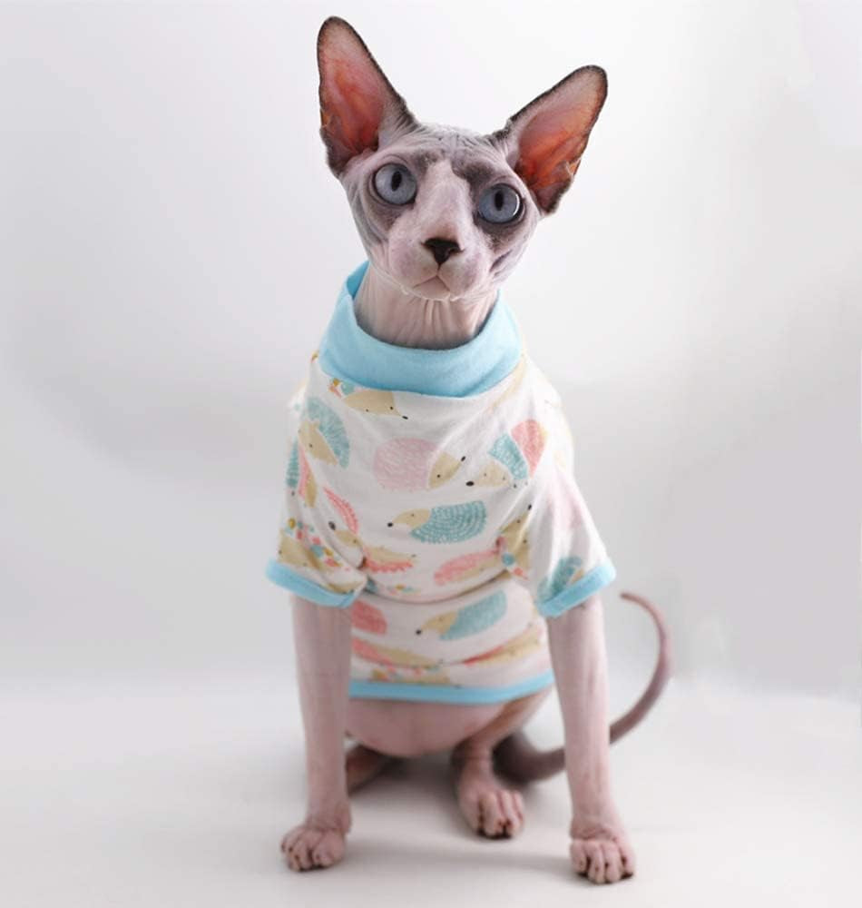 Sphynx Cat Clothes Breathable Summer Cotton T-Shirts for Cat Pajamas for Cats and Small Dogs Apparel, Hairless Cat T-Shirts (Medium (Pack of 1), Hedgehog)