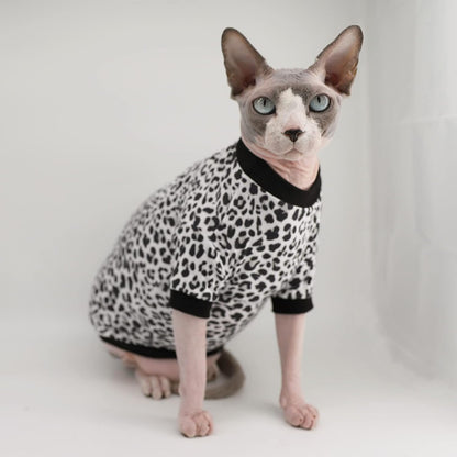 Sphynx Hairless Cats Shirt Elastic Leopard Cat Clothes, Pullover Sphinx Kitten T-Shirts with Sleeves, Breathable Cat Wear Turtleneck Sweater, Hairless Cat Vest Pajamas