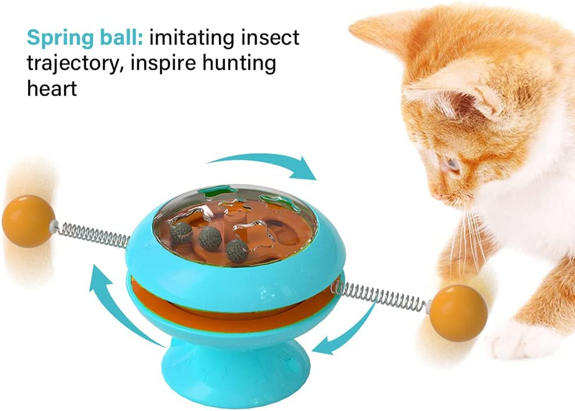 Interactive Rotary Cat Toy, Spinning Top Cat Toy Turntable with 3 Catnip 2 Spring Balls, Windmill Cat Toys for Indoor Cats Interactive (Blue)