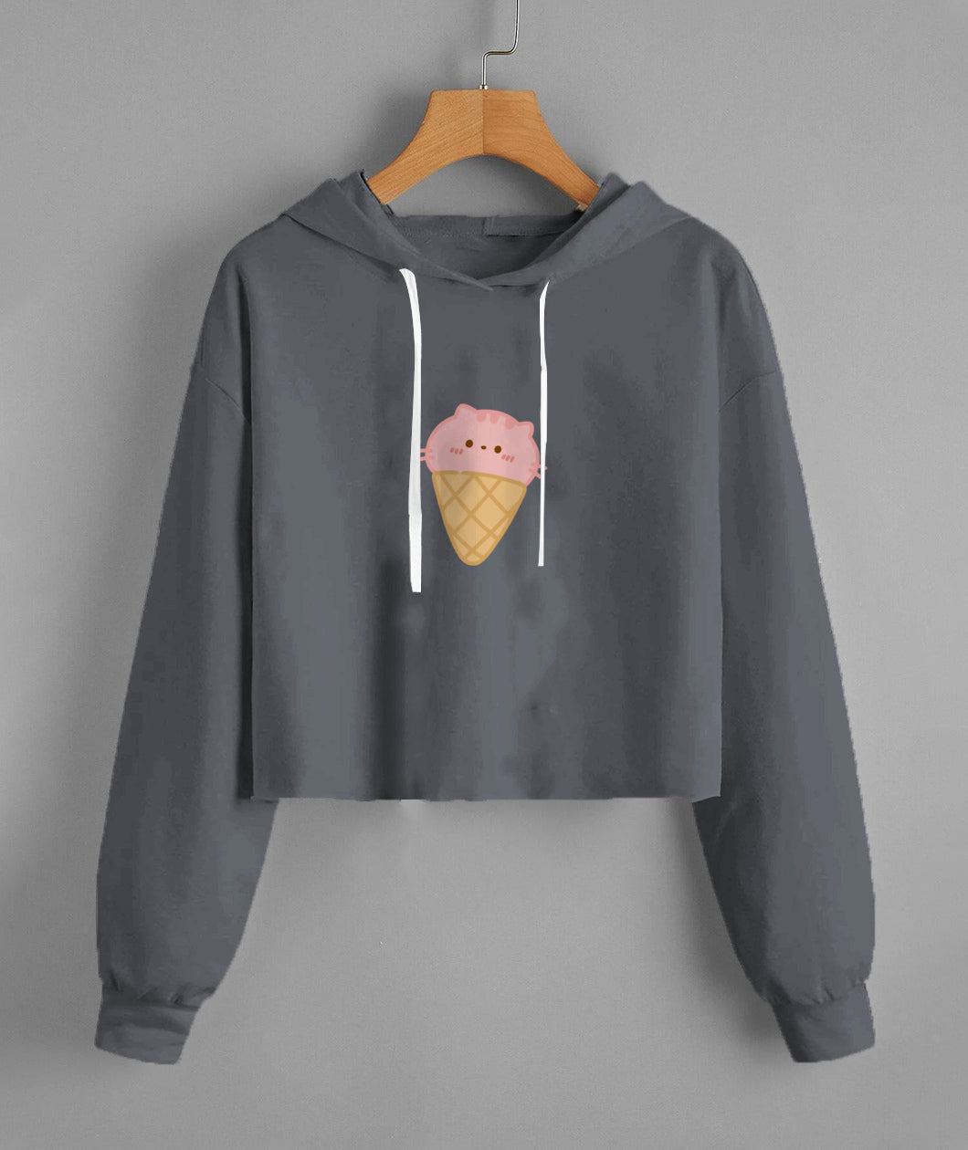 "Lady's Fleece Cropped Hoodie in Grey with Cat Design: Stay Warm and Chic with Feline Flair!"